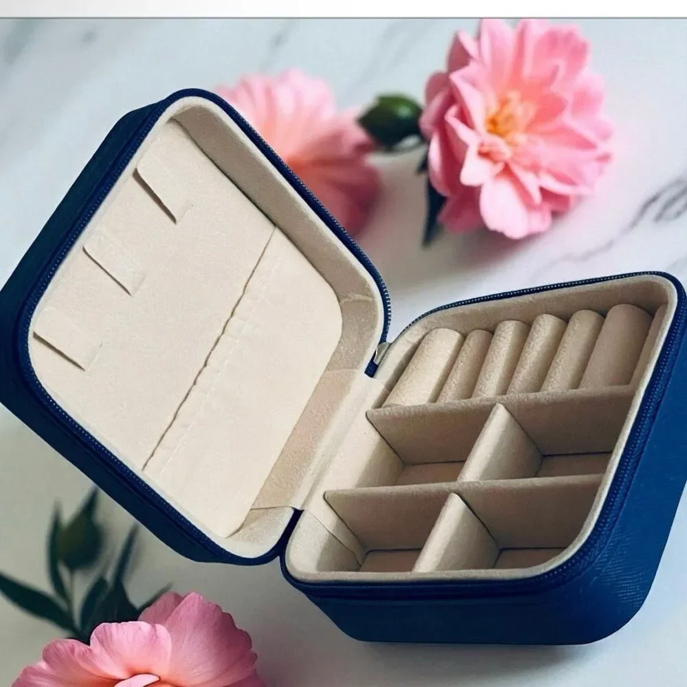 NWT Jewelry Box Case Blue Pu Leather Jewelry Organizer Earrings Bracelets Rings